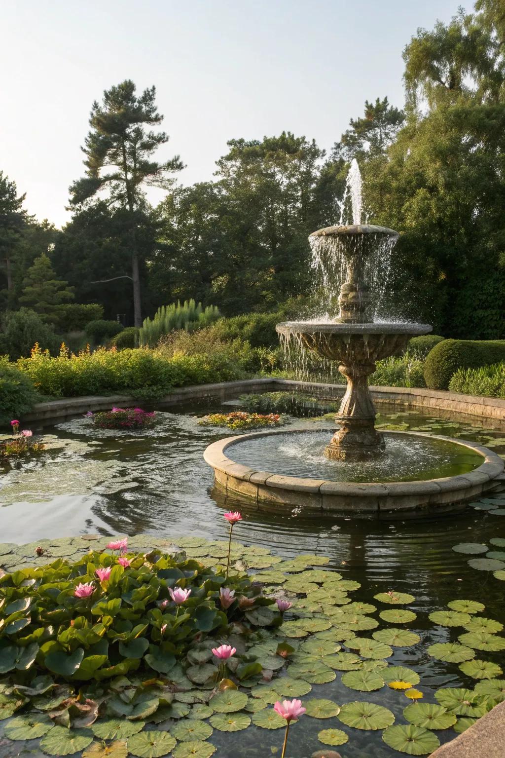 Garden fountain with water lilies